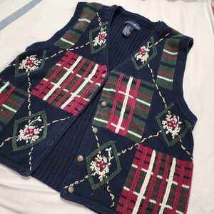 Mountain Lake Sweater Vest Womens Med‎ Floral Embroidered Plaid  Vtg Button Up
